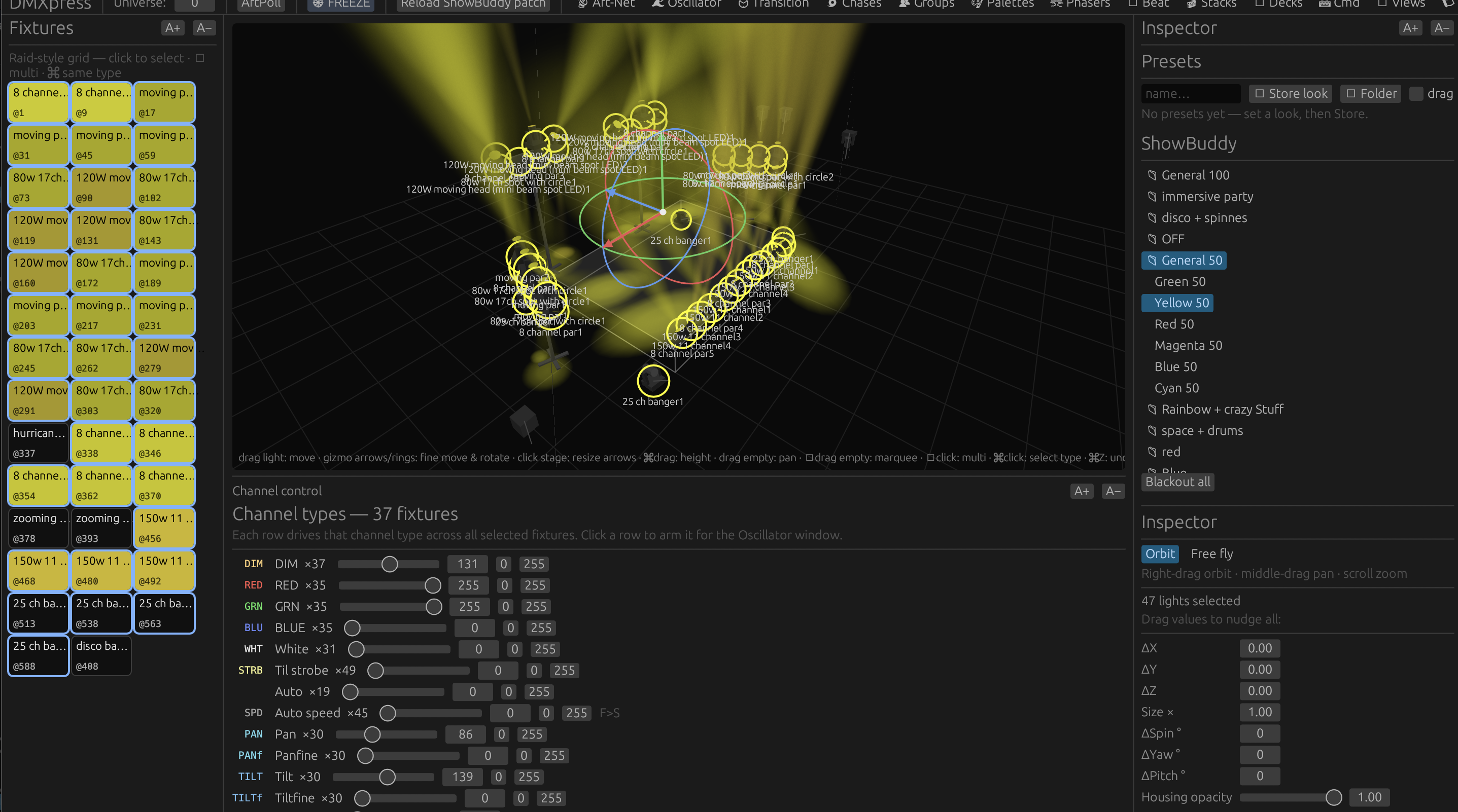 DMXexpress showing the full fixture rig in an All 50 starting position with pan and tilt controls