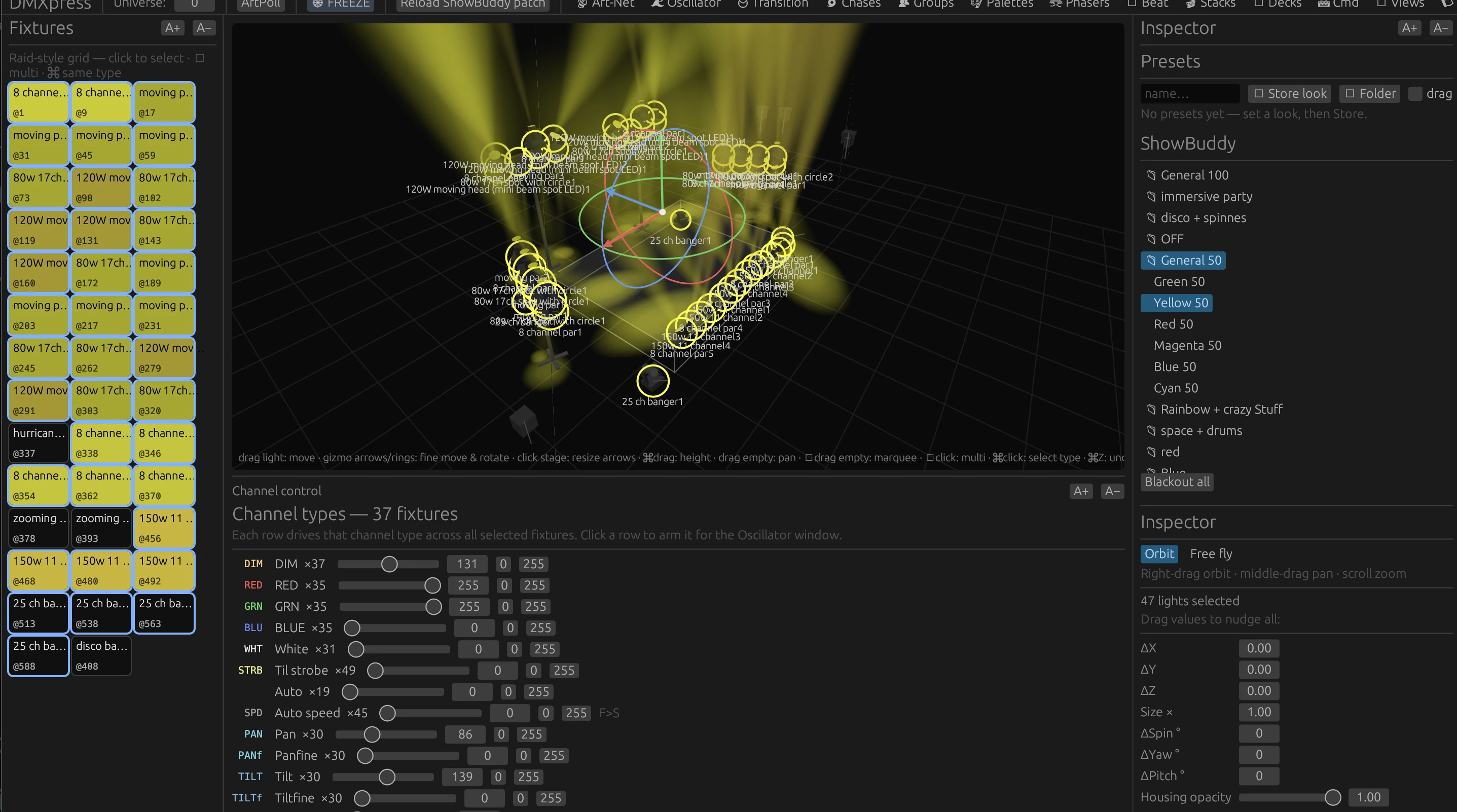 DMXexpress showing the full fixture rig in an All 50 starting position with pan and tilt controls