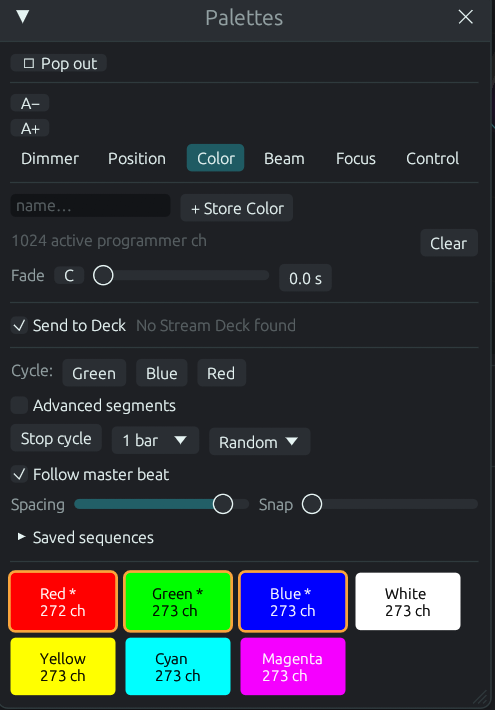 The DMXexpress Palettes window with color tiles and the cycle engine