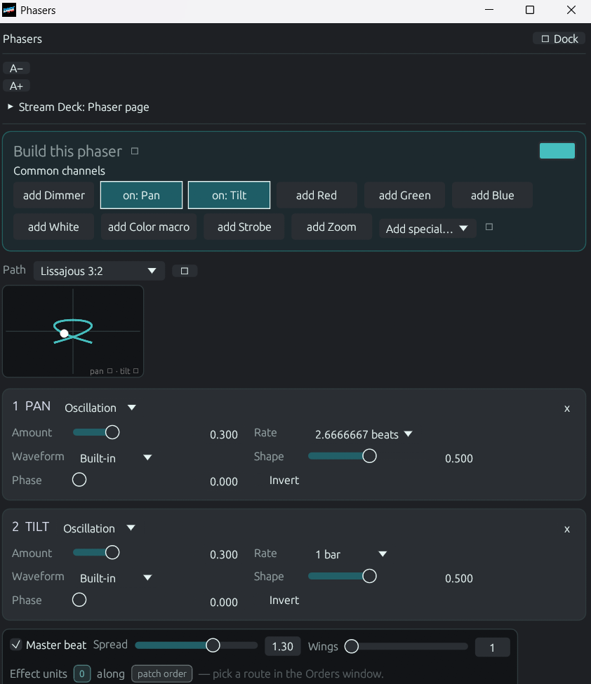 The DMXexpress phaser editor with component cards and the tile pool