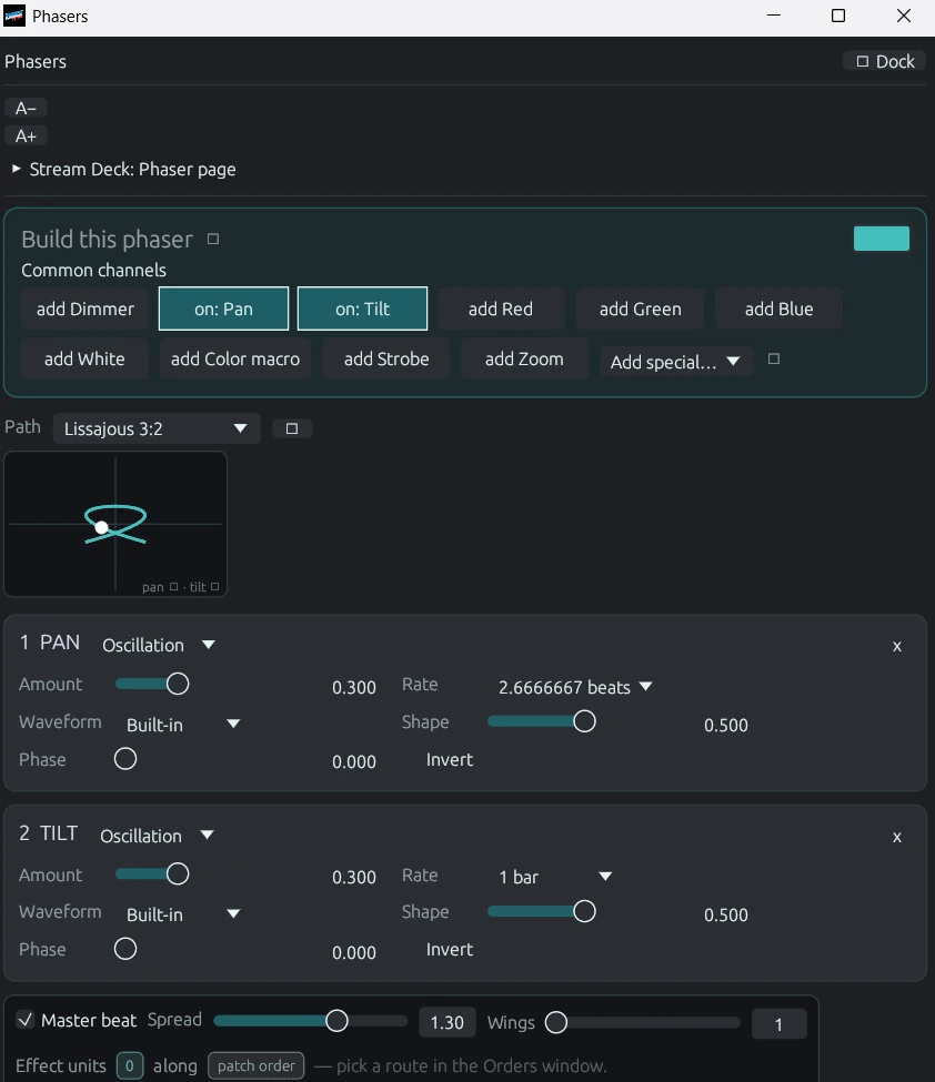 The DMXexpress phaser editor with component cards and the tile pool