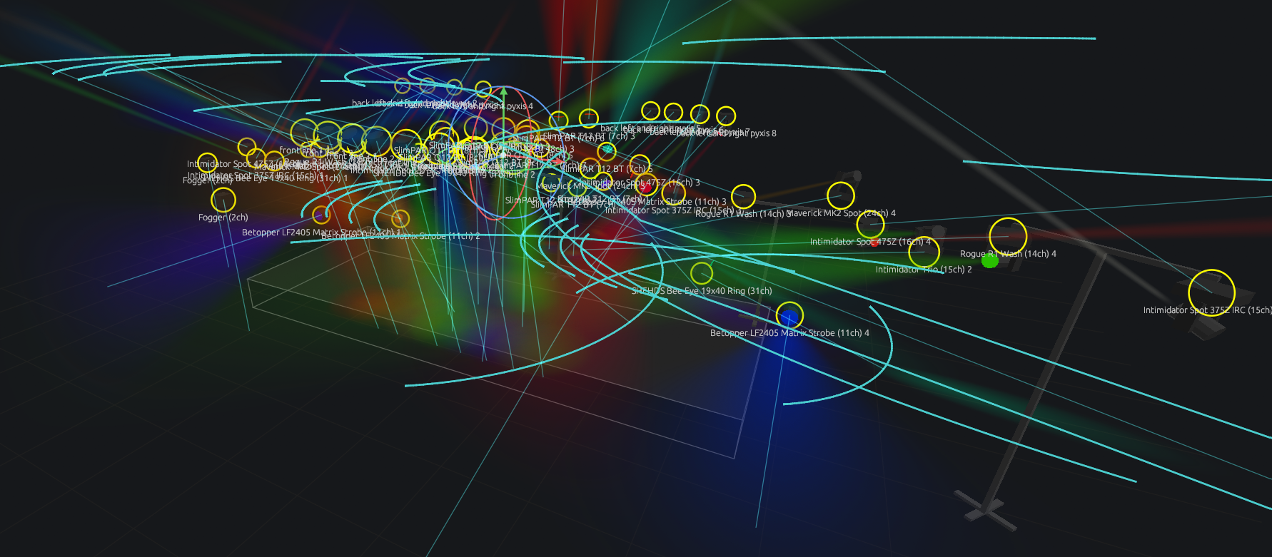 DMXexpress tracing every fixture's movement path in 3D while phasers run across the rig