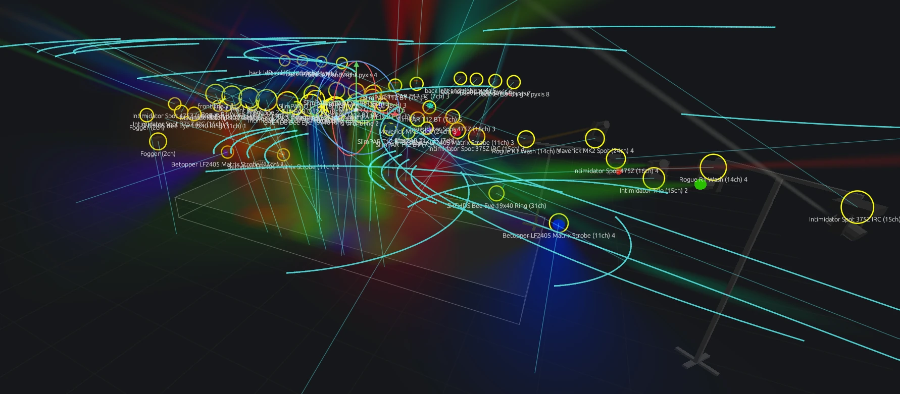 DMXexpress tracing every fixture's movement path in 3D while phasers run across the rig