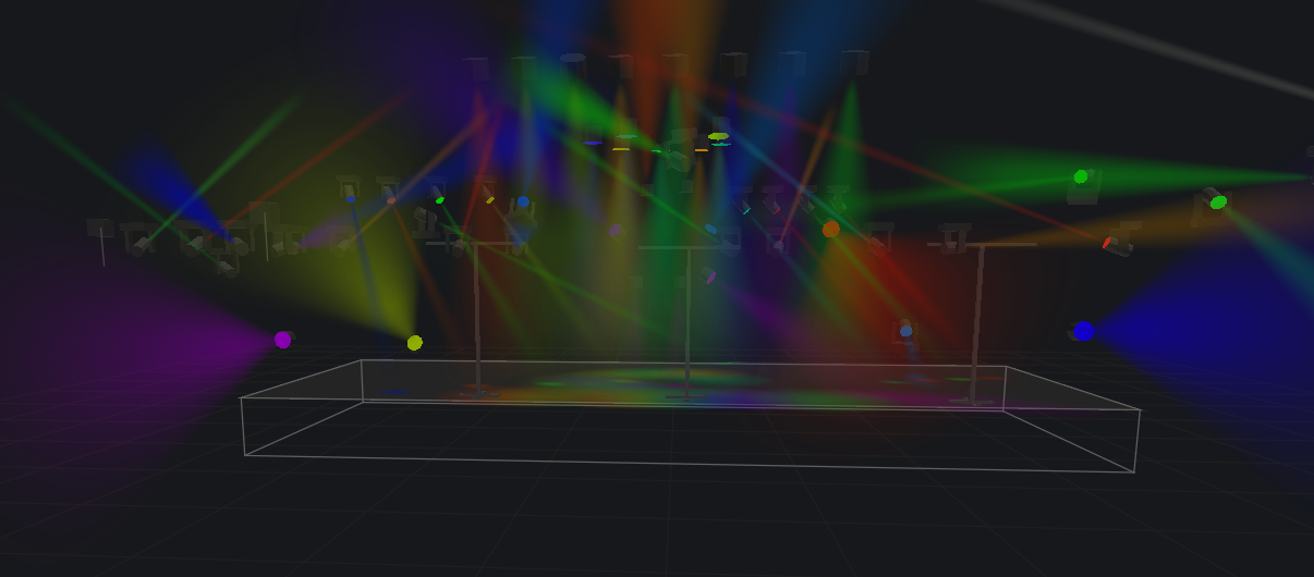 DMXexpress visualizing a full rig of colored volumetric beams on the 3D stage