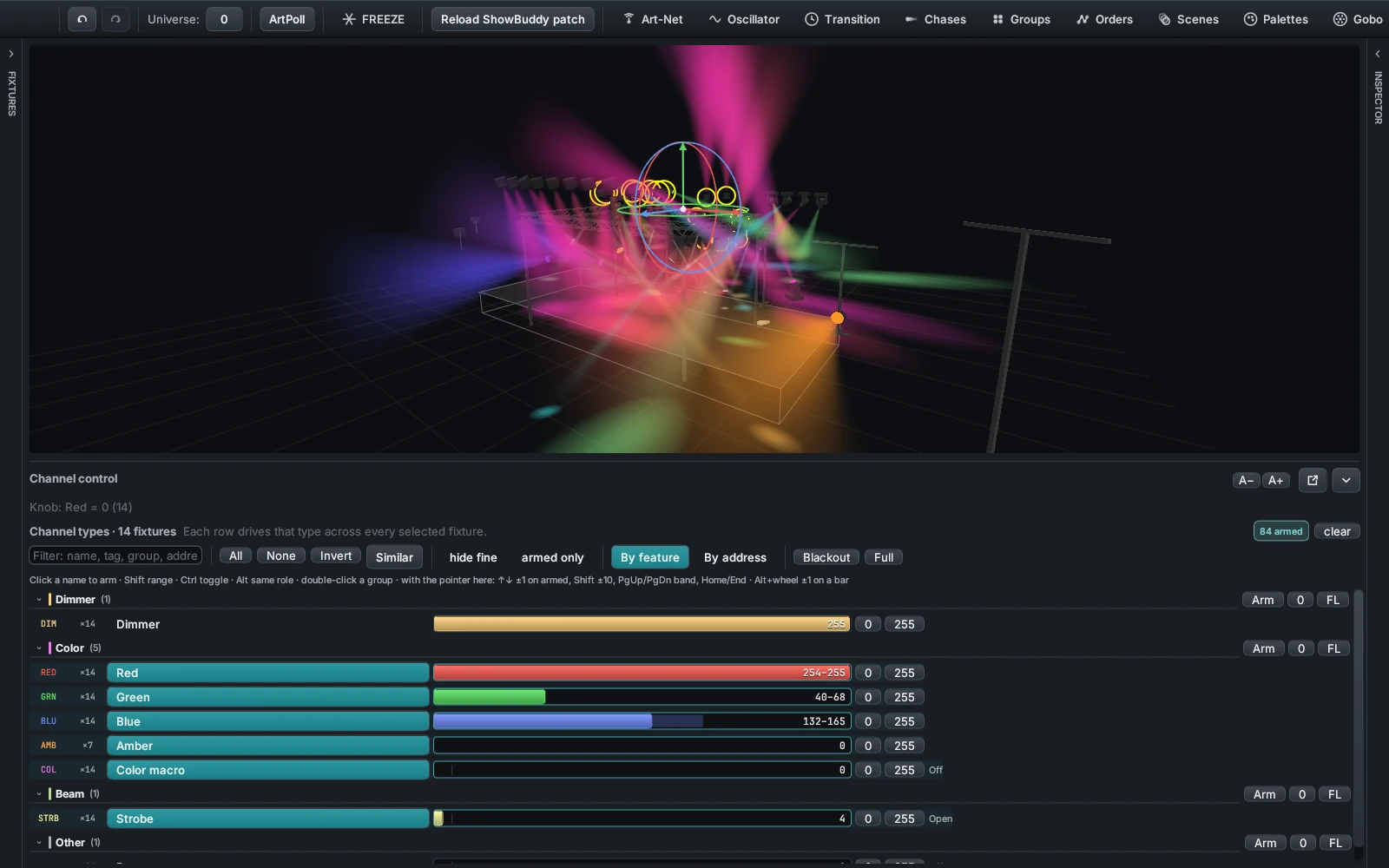 The DMXexpress channel control grid with several fixtures selected, some rows armed, and level bars part-lit
