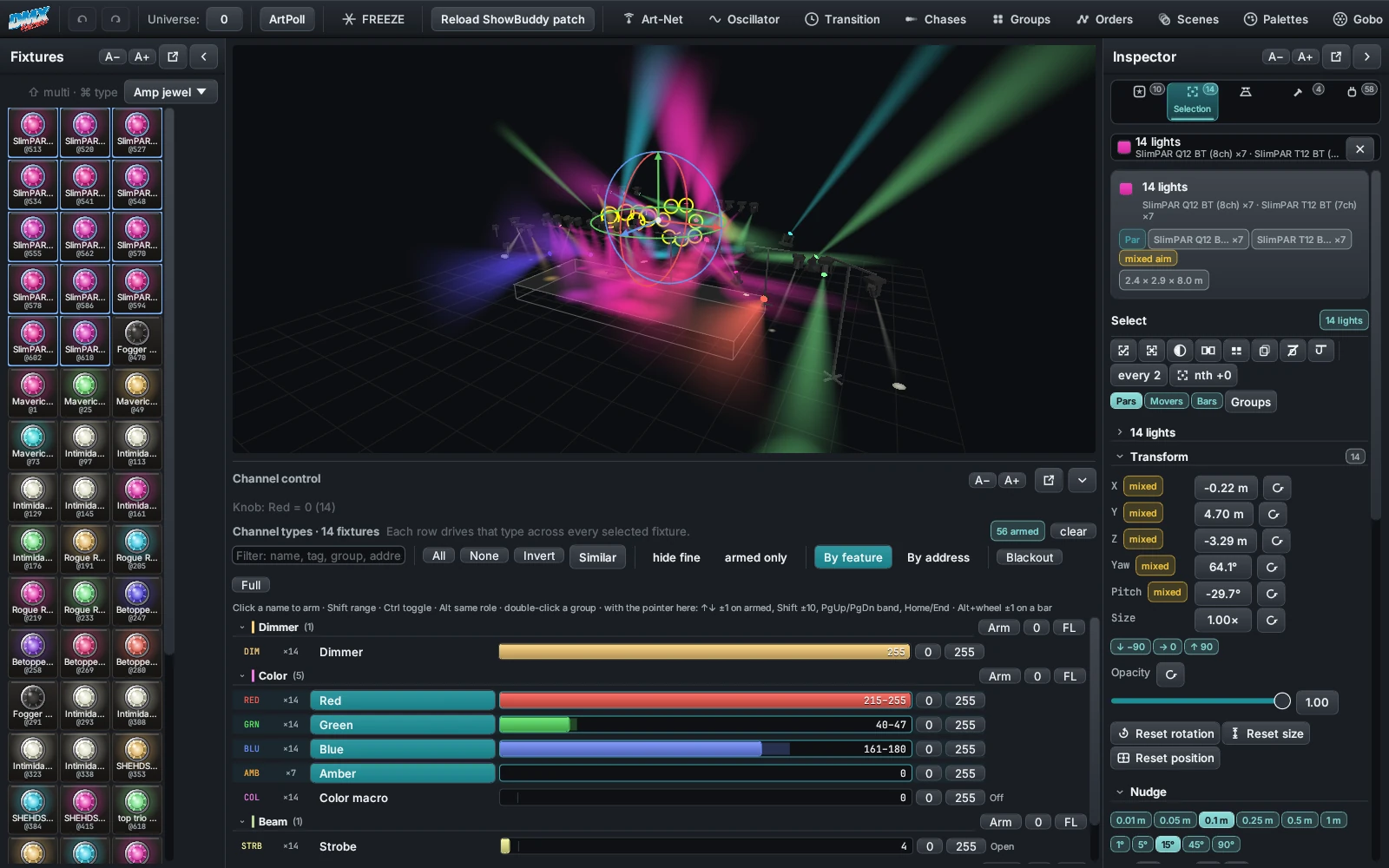 The full DMXexpress console: the Fixtures tile panel on the left, the 3D stage with lit beams in the centre, the Inspector on the right, and the channel control grid underneath