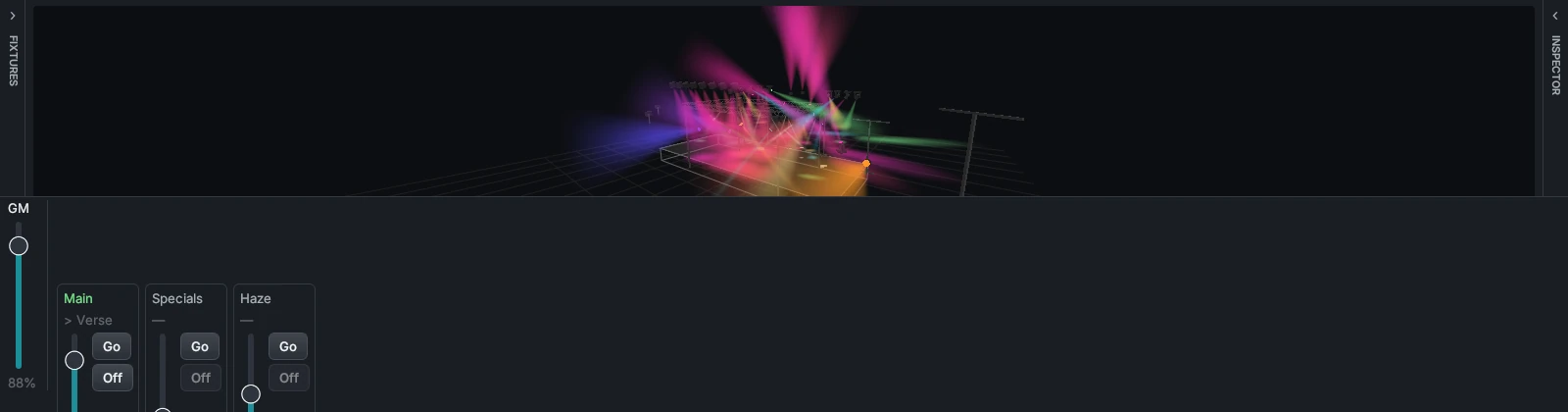 The DMXexpress executor bar across the bottom of the screen: a Grand Master fader on the left and one fader strip per stack