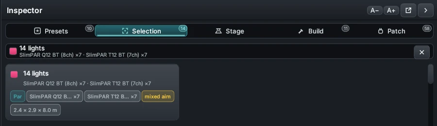The DMXexpress Inspector tab strip showing Presets, Selection, Stage, Build and Patch, with the context line beneath naming the current selection