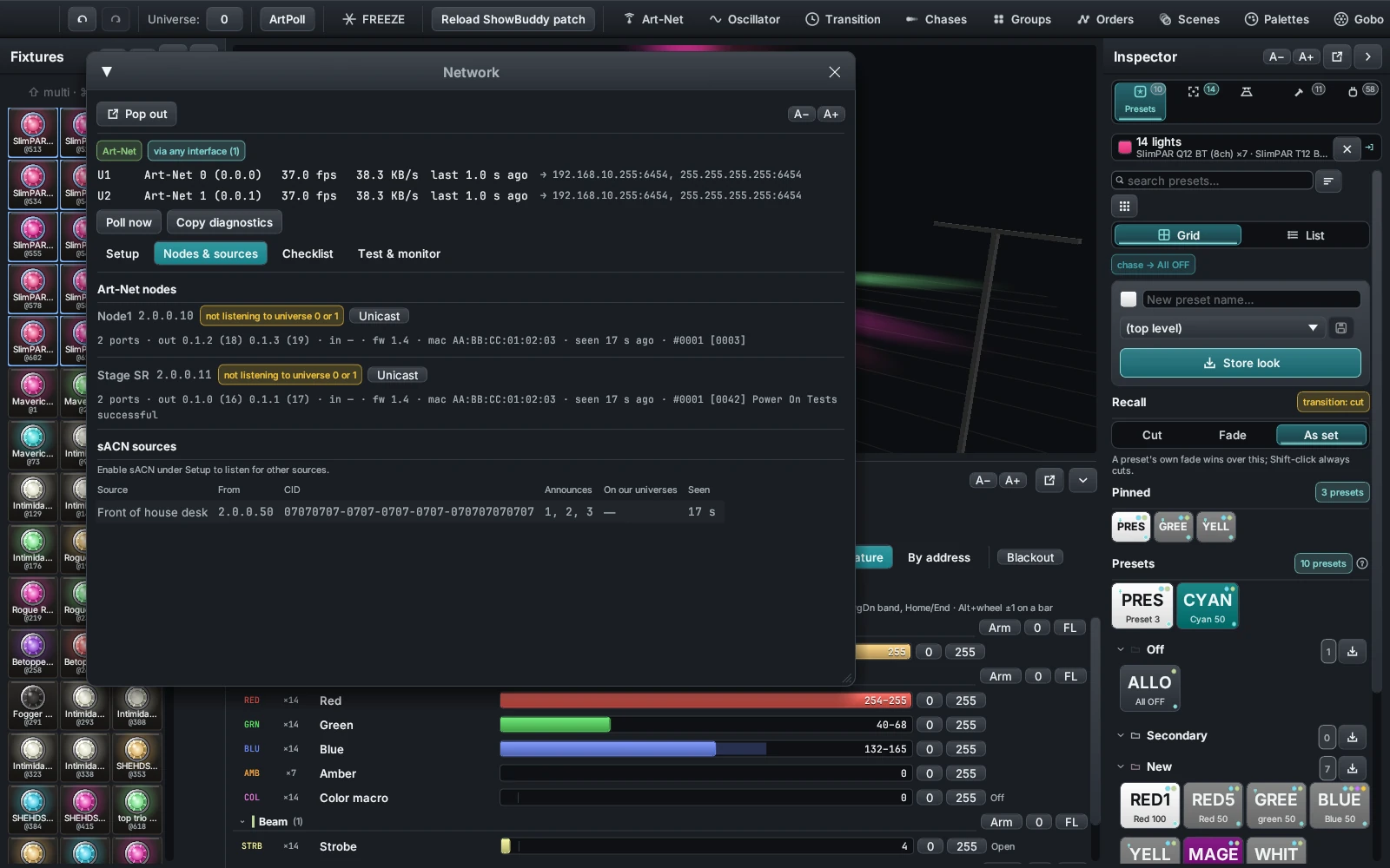 The DMXexpress Network window listing Art-Net nodes and sACN sources discovered on the network, with the diagnostics checklist alongside