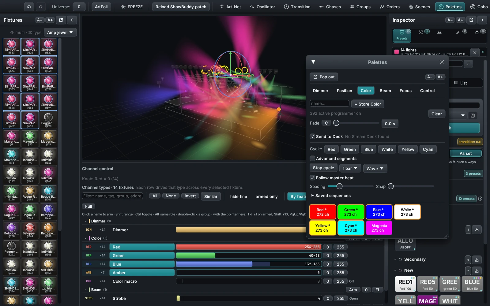 The DMXexpress Palettes window with stored colour palettes and a colour cycle running