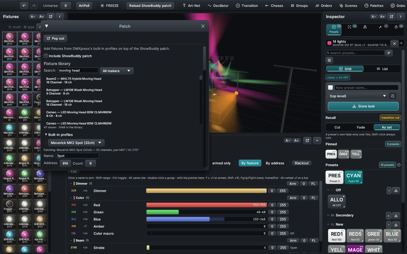 The DMXexpress Patch window with the built-in fixture library browsed and a model selected