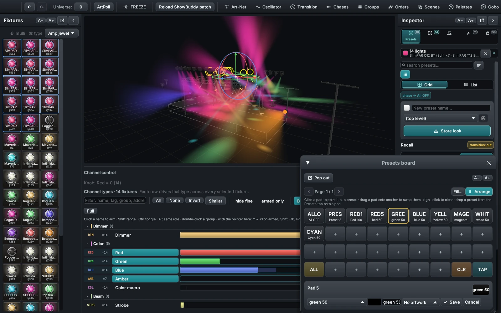 The DMXexpress Presets board in Arrange mode: a page of coloured preset pads with the slot editor open beside them