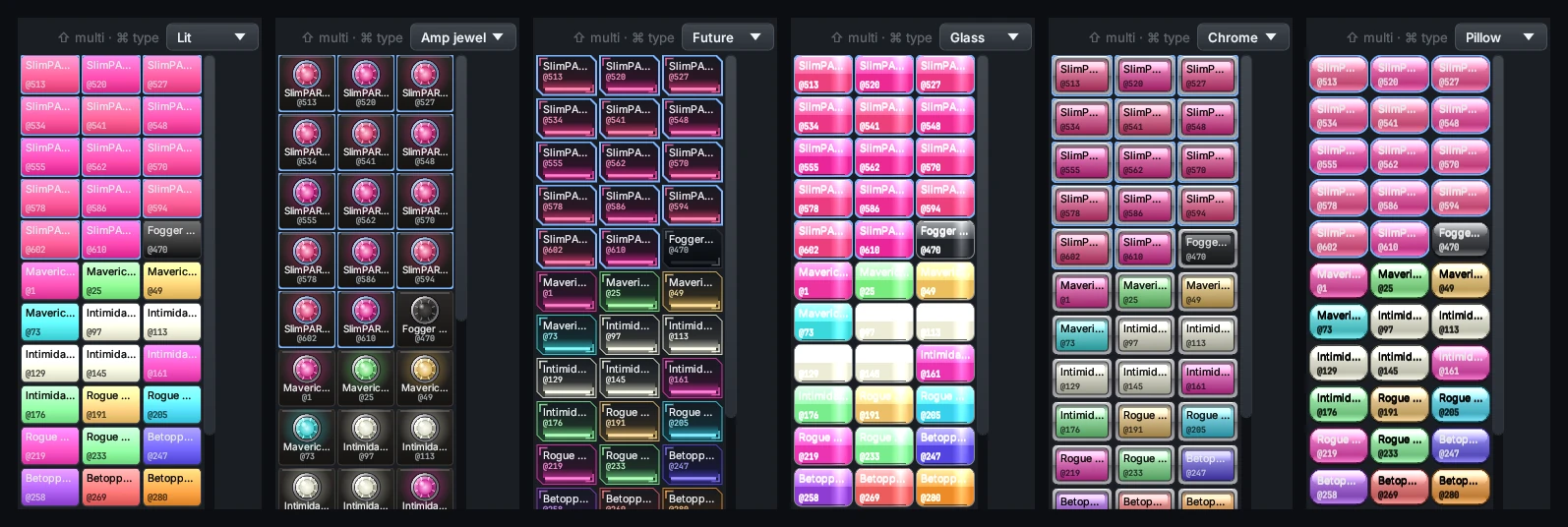 The six tile looks of the DMXexpress Fixtures panel side by side: Lit, Amp jewel, Future, Glass, Chrome and Pillow