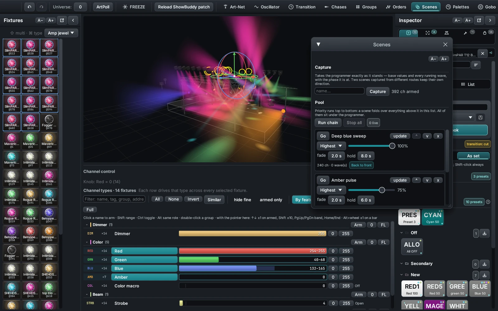 The DMXexpress Scenes window listing captured scenes with their merge modes