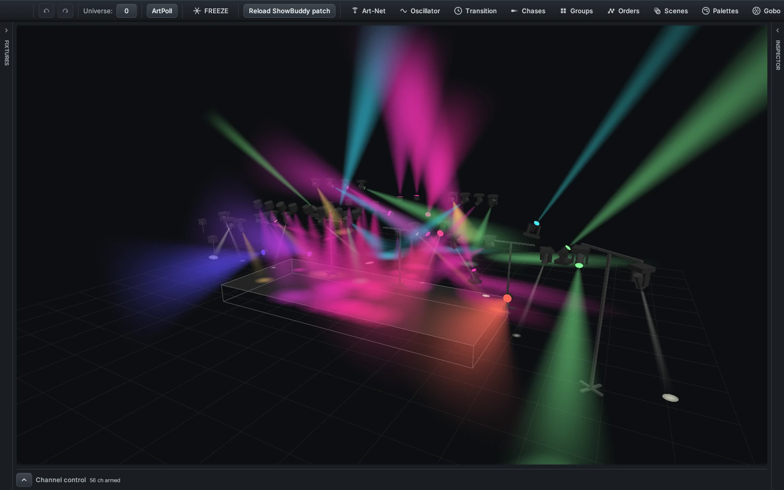 The DMXexpress 3D stage with the side panels folded to rails, a rig of moving heads and pars throwing coloured volumetric beams onto floor pools