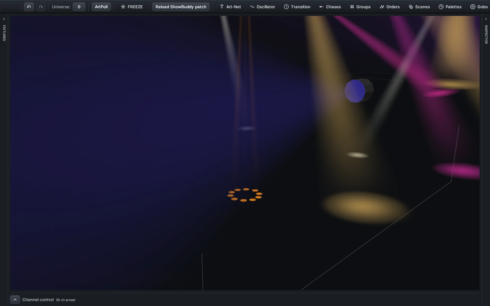 The DMXexpress 3D stage with gobo projection visible in the beams: breakup patterns in the haze and patterned pools on the floor