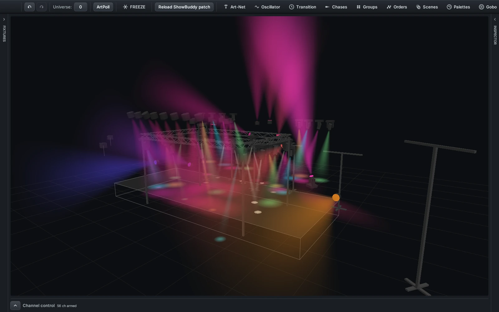 The DMXexpress 3D stage showing lights hung on overhead bars and standing towers above the outlined stage box, with the floor grid behind them