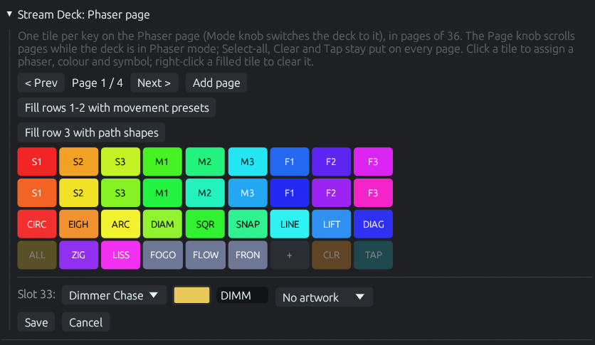 The Stream Deck phaser page editor in DMXpress: a grid of color-coded key tiles with per-slot phaser, color, and artwork controls