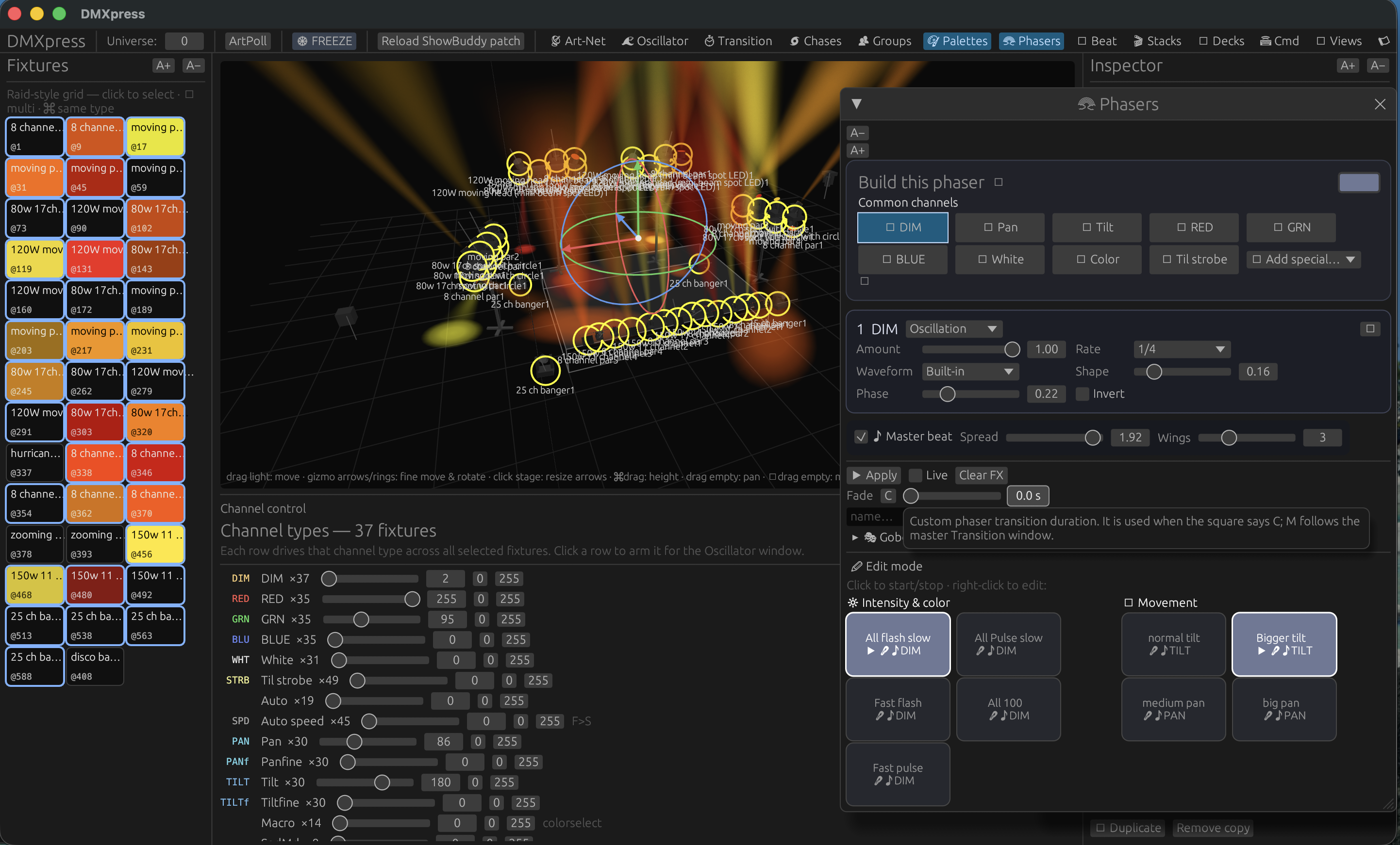 DMXexpress visualizing a light show in motion with intensity and tilt phasers active